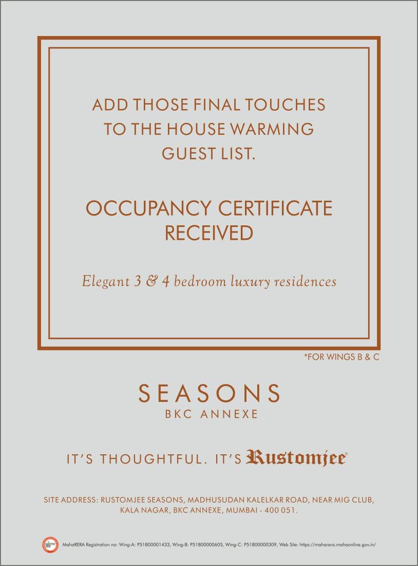 Occupancy Certificate received for Rustomjee Seasons in Mumbai Update